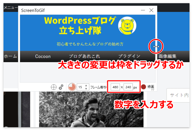 ウィンドウの大きさは枠をドラッグするか、数字を入力して変更する