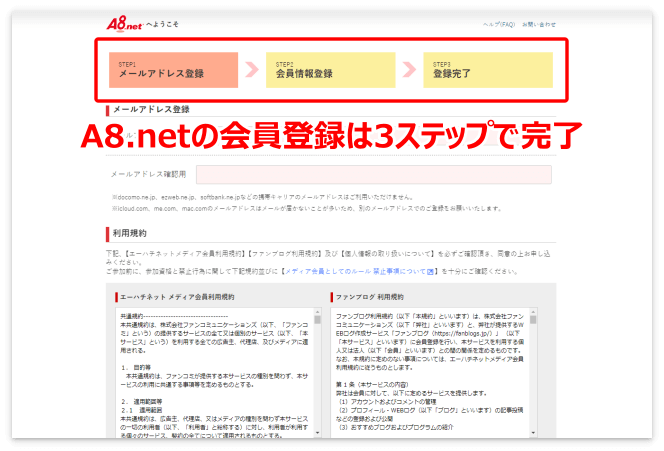 A8.netの会員登録は3ステップで完了